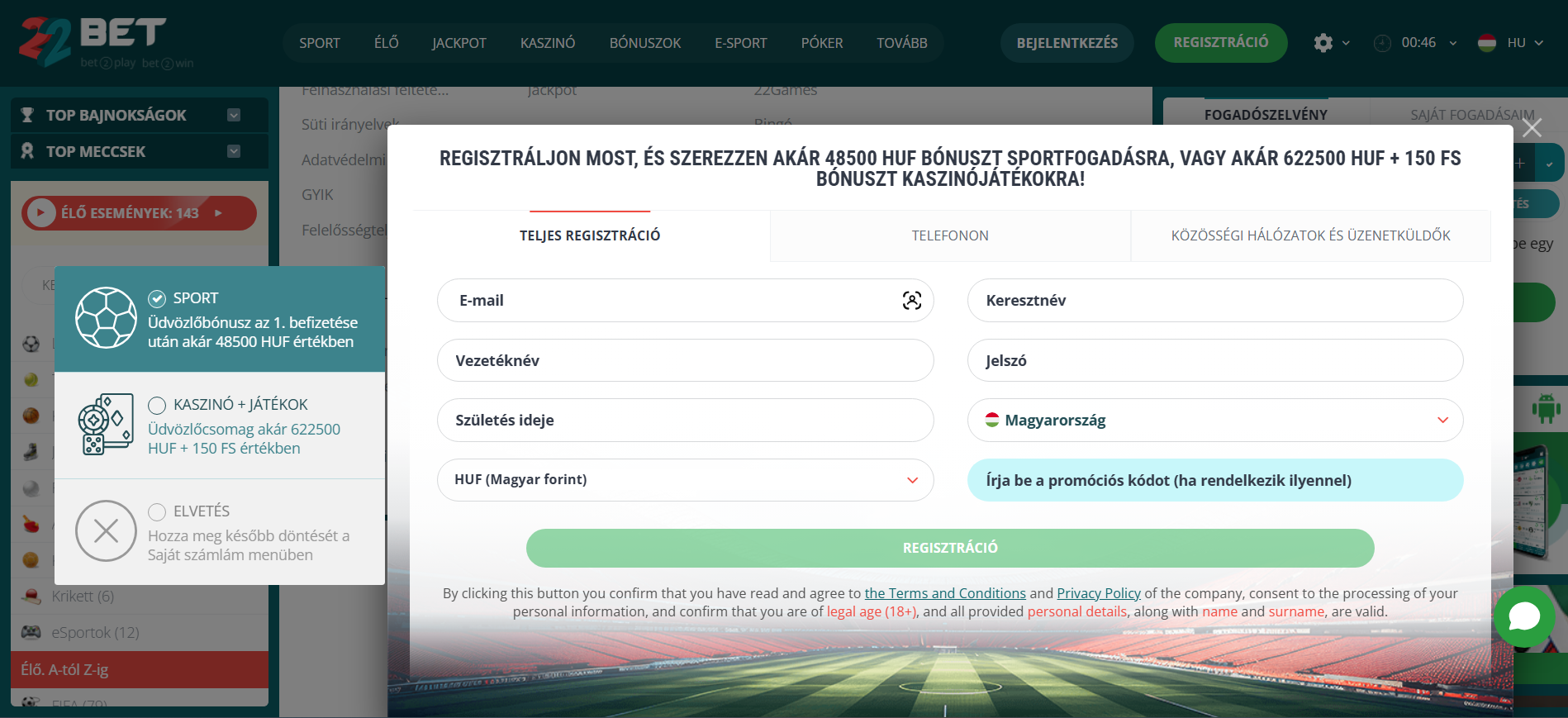 Regisztráció és bejelentkezés 22Bet fiókba